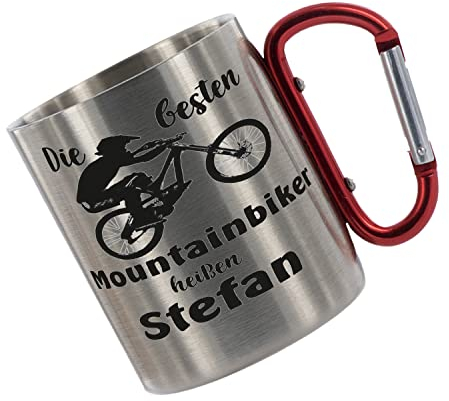 Crealuxe Edelstahltasse mit Karabiner 'Die Besten Mountainbiker heißen' Tasse personalisiert, Kaffeetasse, Bürotasse, Metalltasse mit Name