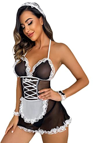 JasmyGirls French Maid Outfit Sexy Dienstmädchen Kostüm Damen Anime Cosplay Dessous Rollenspiel Kleid Sissy Spitze Schürze Mesh Babydoll