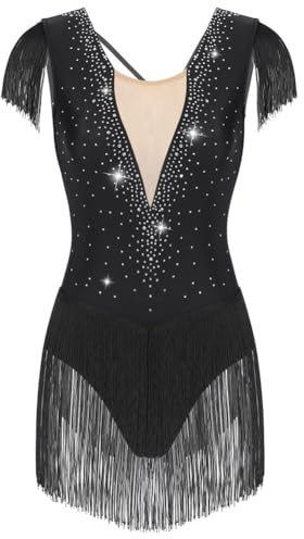 Vsadsau Damen Balletttrikot / Turnanzug / Turnanzug / Turnanzug mit Strasssteinen, Quaste, Schwarz , 46