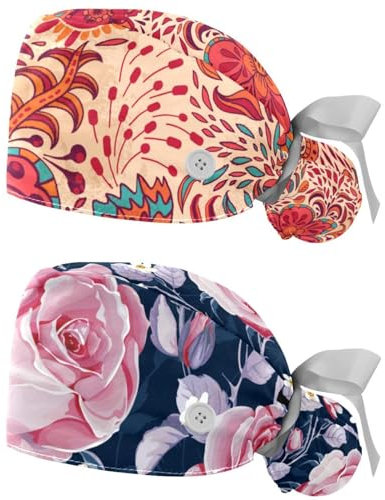 2 Packungen Scrub Cap mit Knöpfen, Blumen-Arbeitshut, Haarabdeckung, elastische Bandage, Raffhalter für Damen, Mehrfarbig 1, Small-3X-Large