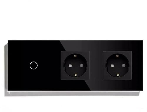 PULSAR Steckdose x2 mit Touch Schalter 3 Fach Schwarz Glas - Berührungsschalter 230V mit Schuko Doppelsteckdose 16A