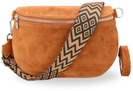 BRISE Bauchtasche Damen Wildleder AFIA Handgemachte Umhängetasche Crossbody Bag mit Ledergurt + Optionalen Breiten Gemusterten Riemen 3 Fächer Stylische Hüftltasche Made in Italy (Cognac Braun-2)