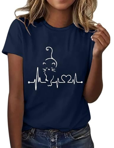 HOOUDO Tages Angebote Sale Damen-T-Shirt mit Aufschrift „Love Cat“, kurzärmelig, Rundhalsausschnitt, modisches Oberteil, leicht, weich, lässig, Sommerkleidung Rotes Top Damen S Mein Bestellung Sale