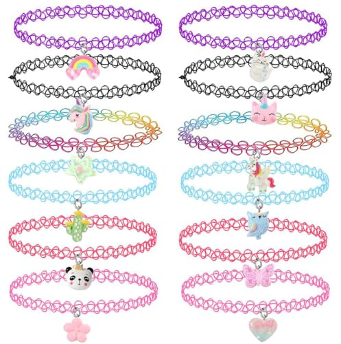 VURYAPI 12 Stück Choker Halskette Set für Kinder Teenager Mädchen Frauen, Anhänger Charme Einhorn Regenbogen Panda Katze Herz Blume Meerjungfrau Chokers Henna Tattoo Stretch elastisch