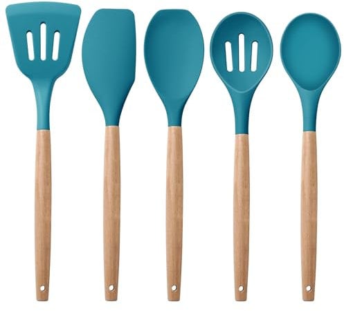 Homikit Kitchen Utensil Set, 5 Piece Silicone Cooking Utensils with Wood Handle, Solid Spatula Turner Spoon Set for Non-Stick Cookware and Baking, Heat Proof & Easy Clean, Dark Blue