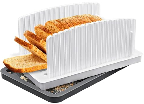 TOLASTO Bread Slicer for Homemade Bread, Bread Slicer Guide with Adjustable Width and Crumb Tray, Foldable Compact Plastic Bread Loaf Cutter Slicer for Kitchen Baking Bagel,Homemade Bread, Cake, Taost