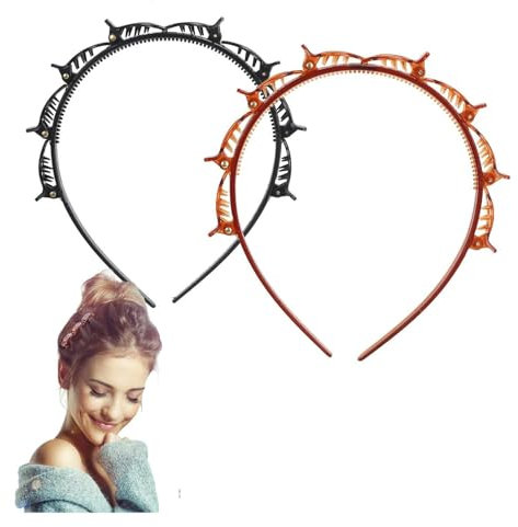 Hairband with Clips, Neuestes 2 Stück Haarreifen mit Klammern Twist Braid Headband, Stirnband Haarhalter Haarschmuck Haarband für Styling von Langen und Kurzen Haaren (RED+BLACK, Generisch)