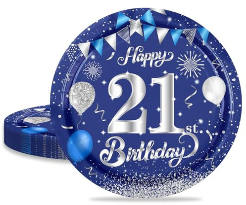 MORAINJAY 16pc Navy Blue Silver 9inch Paper Plates for 21st Birthday Party Supplies