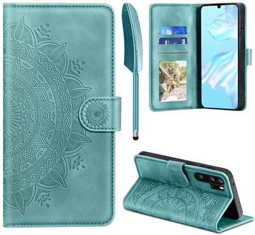 EASDNB Lederhülle für Huawei P30 Pro Hülle, Handyhülle für P30 Pro Flip Wallet PU Leder Case [Kartenfach] [Magnet] [Standfunktion] Prägung Klapphülle Schutzhülle für Huawei P30 Pro, Grün