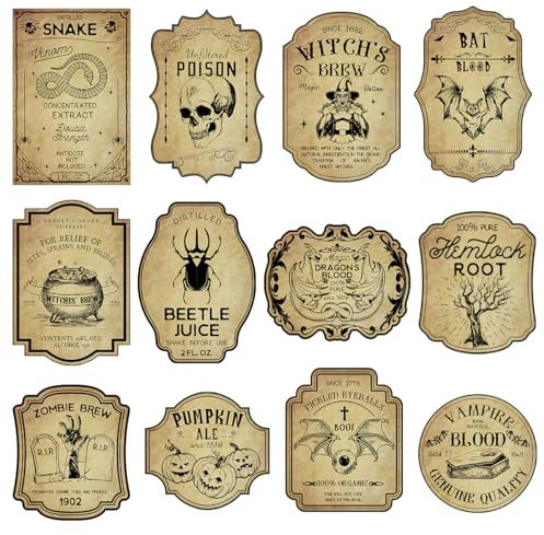 Lot de 36 étiquettes de bouteille de vin d'Halloween vintage effrayantes pour bouteilles de potion magique, autocollants de pharmacien, effrayants, imperméables (lot de 36, M)