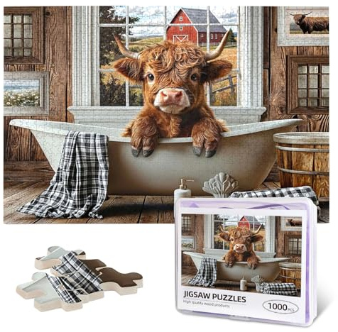 Highland Kuh-Puzzle, 1000 Teile, lustiges Kuh-Badezimmerpuzzle für Erwachsene, Tier-Holzpuzzle für Familienspiele, motivierendes Lernspielzeug