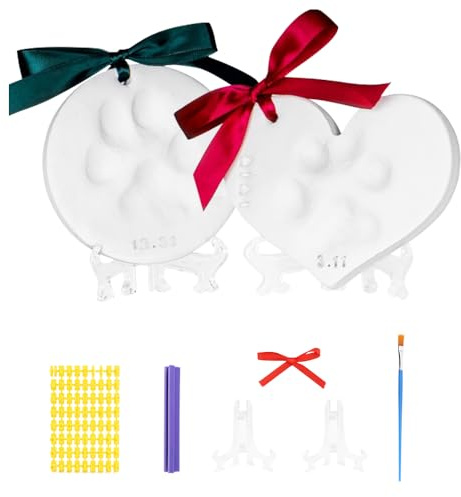 FIDWALL 2er-Pack Haustierpfotenabdruck-Set,Gedenkornamente FüR Hunde Und Katzen,FüR Neue Welpen Und KäTzchen,Keine Tinte Katze Hundepfotenabdruck-Set Als Andenken,Mit Halter Und Namensstempel.