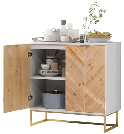KOMFOTTEU Buffet Salle a Manger à 2 Portes, 80 x 40 x 80 cm, Blanc+Naturel | Buffet Cuisine avec Protection anti-basculement, Armoire de Rangement, Pieds métalliques, pour Salon, Cusine, Salle à Manger
