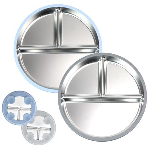 Cosmeria Babyteller con Ventosa, Plato de Acero Inoxidable para Niños con 2 Ventosas Antideslizantes, Vajilla irrompible para Bebés, Sin BPA y Apto para Lavavajillas