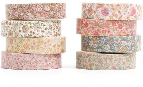 YUBX 8 rouleaux Maigre Washi Tape Set, Ruban Vintage Adhésif Décoratif Masking Tapes pour Arts, Bullet Journal, Scrapbooking, Bricolage, Emballage (Little Flowers)