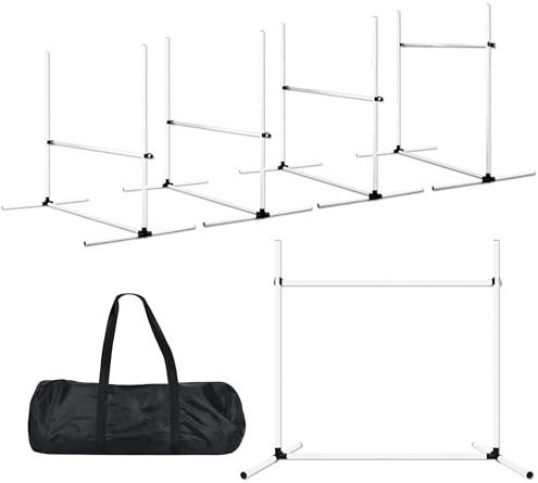 SUBTLETY 4 Stück Hürdenset Einstellbar Slalomstangen mit Tragtasche, Kunststoff Agility Ausrüstung für Hunde Hindernisse Trainingsstangen Set für Koordinations- & Geschwindigkeitstraining (Weiß)
