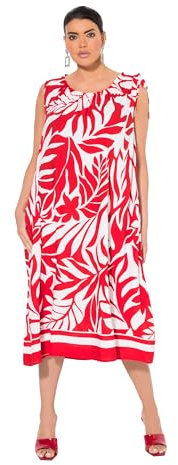 Ulla Popken Midikleid, Blätter, Geraffter Rundhals, Ärmellos Robe midi, Rouge Fluo, 48-50 Femmes