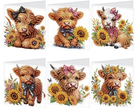 JISHSHAY 6 Stück Diamond Painting Grußkarten Kuh Diamant Painting Geburtstagskarten Tiere Diamantmalerei Karte Geburtstag Rind Diamant Malerei Glückwunschkarten Diamaond Malerei Greeting Cards
