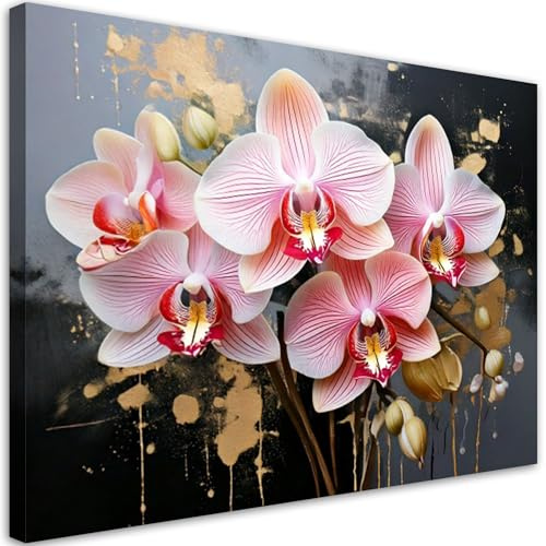 Feeby Leinwandbild - Bilder Wohnzimmer - Orchidee Orchidee Rosa Blumen - 90x60 1tlg - Deko Schlafzimmer - Wanddekoration - Aesthetic - Groß Moderne Bild - Foto auf Leinwand