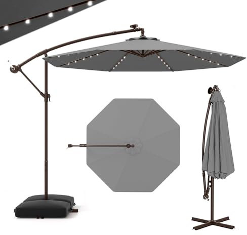 GOPLUS Parasol de Jardin Extérieur avec Pied, Grand Parasol Déporté 3X3M, avec 8 Baleines 40 Lampes Solaires, pour Terrasse Plage Cour (Gris)