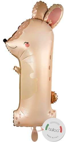 balloa Folienballon XXL Zahl 1 Hase, Helium Ballon Tiermotiv, Geschenk zum 1 Geburtstag, Luftballon Zahl Eins Kindergeburtstag Junge Mädchen Deko Ballon Tier Zahl 1, 95cm