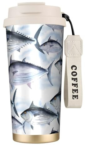 YXDVPALNE Roter Thun Thunfisch,316 Edelstahl-Kaffeebecher mit Umhängeband, isolierter Becher, Reisebecher fürs Auto, 500 ml