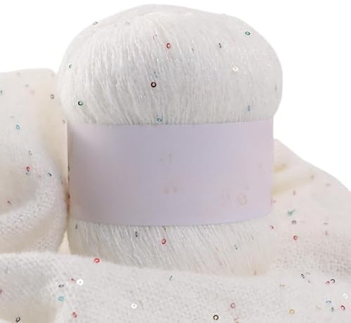 Namzi Weißes Pailletten-Mohair-Garn, 100 g, zum Stricken, Häkeln, Schals, glitzerndes Bastelzubehör