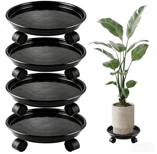 LOLYSIC 4 Stück 30cm Pflanzenroller Kunststoff Schwarz Blumentopfhalter mit Rädern Pflanzen Rollbrett Pflanzenständer Rund Blumentopf-Ständer mit Universalrollen für Drinnen und Draußen