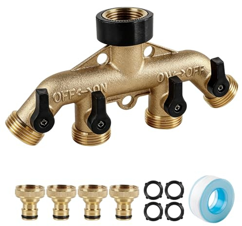 EXLECO Valvola Distributore d'Acqua a 4 Vie in Ottone G3/4 con Adattatore 1/2, Manopola Metallo, per Outdoor Tap, Giardino Hose, Rubinetto Lavatrice e Lavastoviglie, Raccordo per Tubo Irrigazione