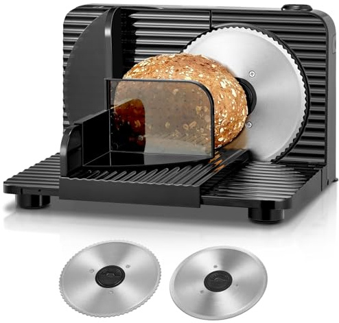 FOHERE Trancheuse Électrique,Trancheuse à Jambon Pliable, 2 Lames en Acier Inoxydable, Épaisseur Réglable 0-15 mm, Idéale pour Pain, Fromage, Charcuterie et Légumes