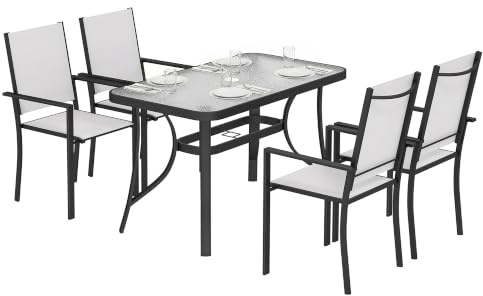 Outsunny Conjunto de Mesa y sillas de jardín de 5 Piezas, Conjunto de Comedor Exterior con 4 sillas apilables Texteline, Mesa de Cristal Templado, Orificio para sombrilla, Estructura de Acero para