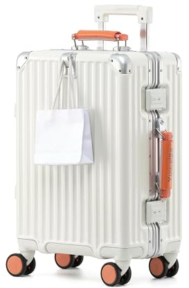 Aoliwei Aluminium-Rahmen Handgepäck S (58cm) – Premium Hartschalen-Koffer als Bordgepäck, Weiß-Orange Echtleder-Griff, TSA & 360° Silent-Rollen, Weiß
