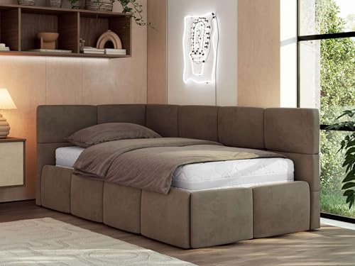 Jugendbett ARVO 90x200 cm mit Lattenrost und Bettkasten, Polsterbett mit gepolstertem Kopfteil und Gasdruckfedern, Eckbett mit Stauraum - mit Multipocket-Matratze - Braun Velvet - Linke Seite