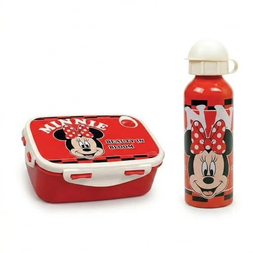 Disney Minnie Maus Lunch Set Kinder, 2-teilig mit Brotdose und Aluminium-Trinkflasche 520 ml, BPA-freie Brotbox, rot