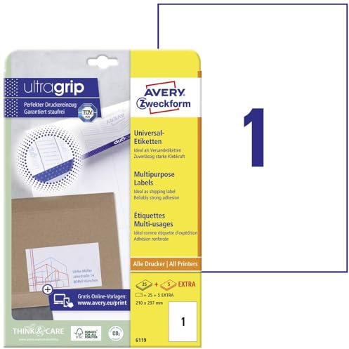 Avery-Zweckform 6119 Etiketten 210 x 297 mm Papier Weiß 30 St. Permanent Universal-Etiketten Tinte, Laser, Kopie 30 Bla