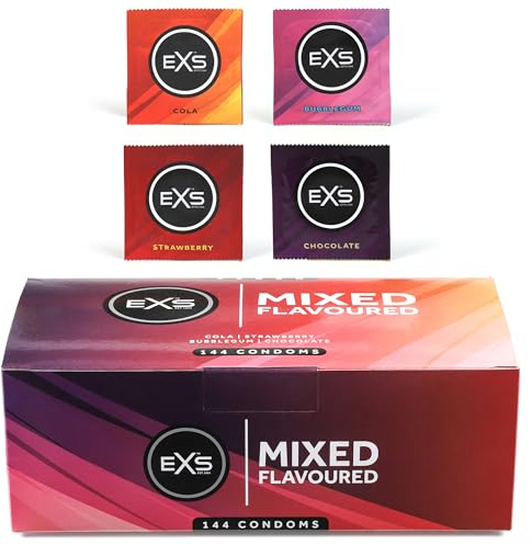 EXS Mixed Flavoured Condoms (144 Pack) Regular Fit, Premium Latex with Non-Spermicidal Lube, Flared with Teat, PETA-Approved Vegan Condom, 3 Year Life - CE Marked NHS Approved Male Condoms