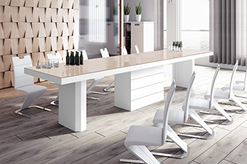 Design Esstisch Tisch HE-777 Cappuccino/Weiß Hochglanz XXL ausziehbar 140 bis 332 cm