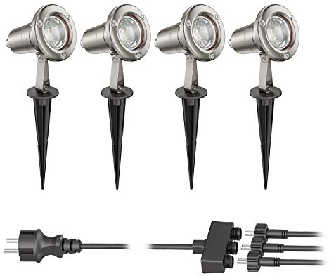 ledscom.de Gartenstrahler MUK mit Erdspieß für außen, Edelstahl, 24,66W je 483lm 30° warm-weiß 4er Set