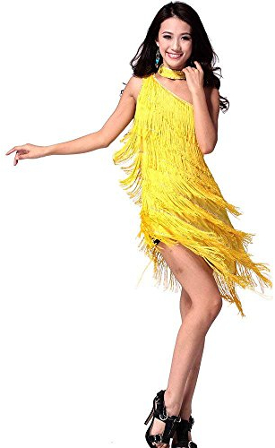 Latein Tanz Kleider Kostüme - Latin Tänze Walzer Tango Swingtanz Party Salsa Dekoration Accessoires Pailletten Quasten Wettbewerb Ball Rock Trikot Tanzkleid für Damen Mädchen - Polyamidfaser (Gelb)