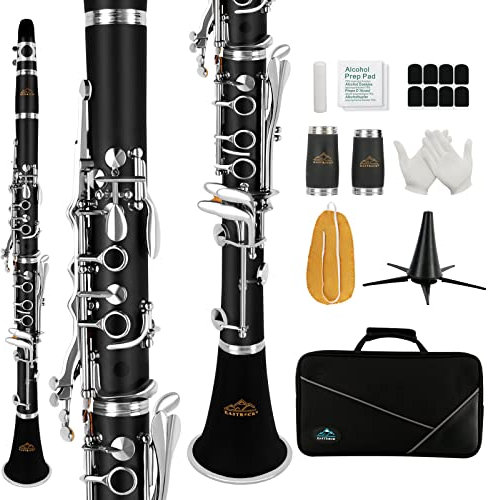 B flache Klarinette für Anfänger, Studenten, Bb-Klarinette, 17 vernickelte Schlüssel, Klarinetten-ABS mit 2 Fässern, Hartschalenständer, 8 Mundstücke, Kissen, Klarinetten-Reinigungsset (schwarz)
