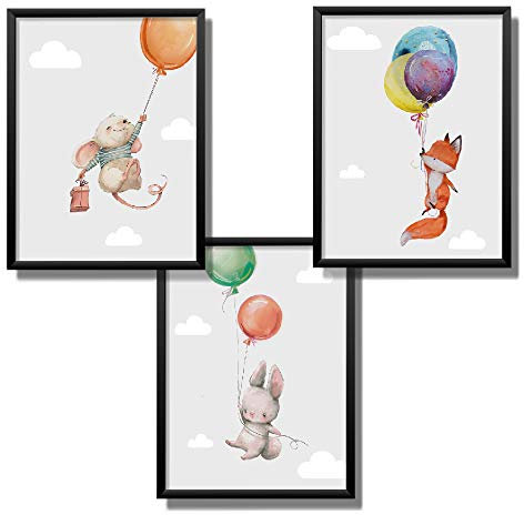 Kindsblick 3er Set Poster für Kinderzimmer - DIN A4 Kinderposter für Jungen & Mädchen - Motiv: Süße Luftballon Tiere - Grau - Wunderschöne Deko für jedes Kinderzimmer