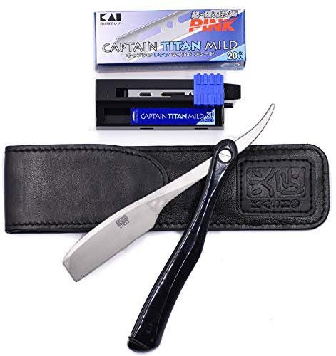 Kai Kasho Captain Professionelles, faltbares Rasiermesser mit gerader Kante und Ledertasche, kompatibel mit Feather Artist Club und Kai Captain Blades, inklusive 20 Kai Captain Titan Blades