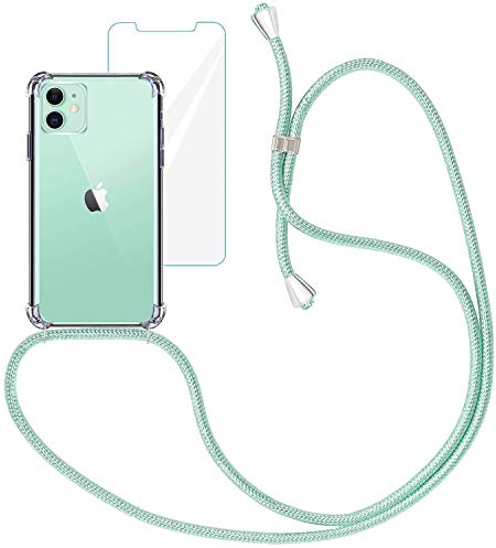 Yohii Handykette Handyhülle für iPhone 11 + Displayschutzfolie, Hülle mit Kordel zum Umhängen Necklace Hülle mit Band Transparent Silikon TPU Schutzhülle, Case Kompatibel mit iPhone 11 - Grün