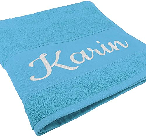 Handtuch mit Namen oder Wunschtext Bestickt, personalisiertes Duschtuch, individuelles Badetuch, 100% Baumwolle, 140 x 70 cm hellblau