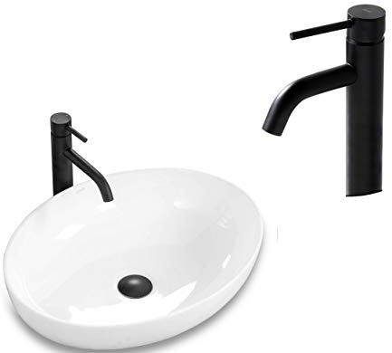 VBChome Waschbecken mit Armatur 52 x 39 Keramik Armatur Schwarz Oval Waschtisch Handwaschbecken AUFSATZWASCHBECKEN WASCHSCHALE GÄSTE WC