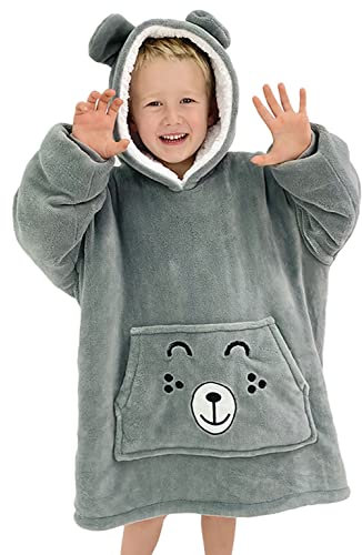 Big Softy Kids Oversized Blanket Hoodie - Animal Snuggle Hoodie for Kids 3-10 yrs - Soft & Warm Oversized Hooded Blanket - Girls & Boys (Grey Bear)