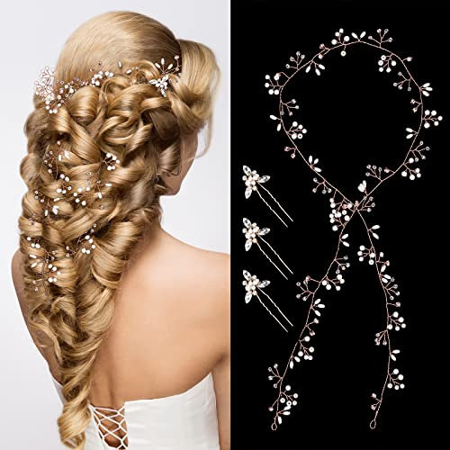 Bride Wedding Crystal Hair Vine Hair Accessories Extra Long Pearl and Crystal Beads Bridal Hair Vine Headband Head Pieces for Women and Girls (Rose Gold)