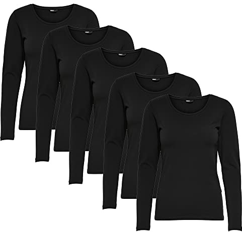 ONLY Longsleeve Damen-Shirt in Schwarz Oberteil aus 95% Baumwolle 5% Elasthan, atmungsaktives Basic Shirt zum Kombinieren