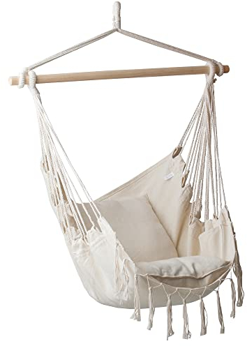 PATIO Hängesessel mit Fransen Schaukel zum Hängen für Outdoor Indoor bis 100 kg Holzstabe Baumwolle Polyester Ecru Boho Stil