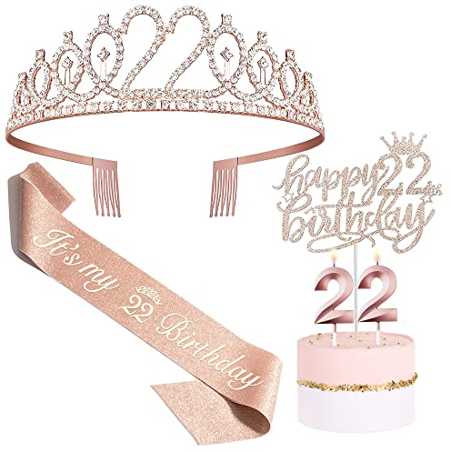 Bella Meri Geschenke zum 22. Geburtstag für Frauen – Tiara-Krone, Schärpe, Kuchendekoration, Kerzen und Dekorationen